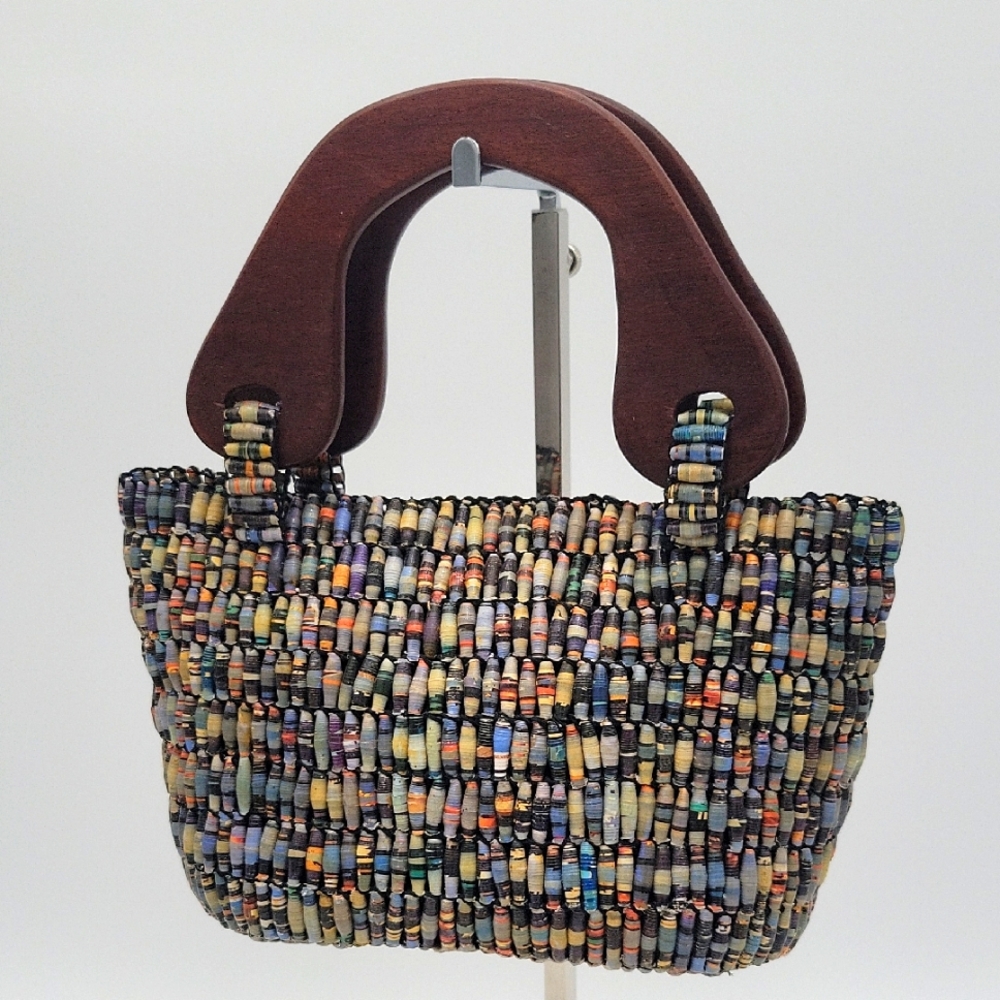 Woven Multicolor Tote Bag with Wooden Handles